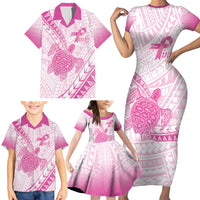 Breast Cancer Awareness Personalised Family Matching Short Sleeve Bodycon Dress and Hawaiian Shirt Pink Ribbon Turtle Polynesian Pattern White