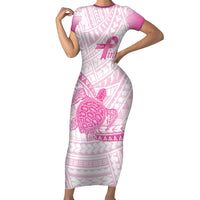 Breast Cancer Awareness Personalised Family Matching Short Sleeve Bodycon Dress and Hawaiian Shirt Pink Ribbon Turtle Polynesian Pattern White