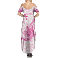 Breast Cancer Awareness Personalised Family Matching Summer Maxi Dress and Hawaiian Shirt Pink Ribbon Turtle Polynesian Pattern White