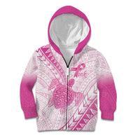 Breast Cancer Awareness Personalised Kid Hoodie Pink Ribbon Turtle Polynesian Pattern White LT22 Zip Hoodie Pink - Polynesian Pride