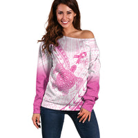 Breast Cancer Awareness Personalised Off Shoulder Sweater Pink Ribbon Turtle Polynesian Pattern White LT22 Women Pink - Polynesian Pride