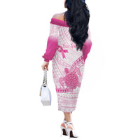Breast Cancer Awareness Personalised Off The Shoulder Long Sleeve Dress Pink Ribbon Turtle Polynesian Pattern White LT22 - Polynesian Pride