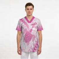 Breast Cancer Awareness Personalised Scrub Top Pink Ribbon Turtle Polynesian Pattern White LT22 - Polynesian Pride