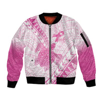 Breast Cancer Awareness Personalised Sleeve Zip Bomber Jacket Pink Ribbon Turtle Polynesian Pattern White LT22 Unisex Pink - Polynesian Pride