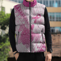 Breast Cancer Awareness Personalised Sleeveless Puffer Jacket Pink Ribbon Turtle Polynesian Pattern White LT22 - Polynesian Pride