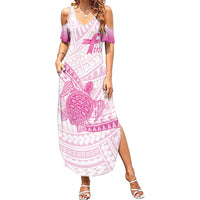 Breast Cancer Awareness Personalised Summer Maxi Dress Pink Ribbon Turtle Polynesian Pattern White LT22 Women Pink - Polynesian Pride