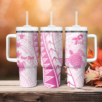 Breast Cancer Awareness Personalised Tumbler With Handle Pink Ribbon Turtle Polynesian Pattern White LT22 - Polynesian Pride