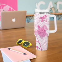 Breast Cancer Awareness Personalised Tumbler With Handle Pink Ribbon Turtle Polynesian Pattern White LT22 - Polynesian Pride