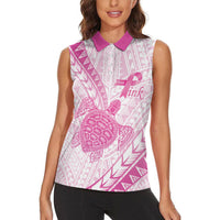 Breast Cancer Awareness Personalised Women Sleeveless Polo Shirt Pink Ribbon Turtle Polynesian Pattern White LT22 - Polynesian Pride