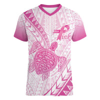 Breast Cancer Awareness Personalised Women V-Neck T-Shirt Pink Ribbon Turtle Polynesian Pattern White LT22 Female Pink - Polynesian Pride