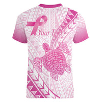 Breast Cancer Awareness Personalised Women V-Neck T-Shirt Pink Ribbon Turtle Polynesian Pattern White LT22 - Polynesian Pride