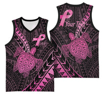 Breast Cancer Awareness Personalised Basketball Jersey Pink Ribbon Turtle Polynesian Pattern Black LT22 - Polynesian Pride
