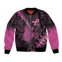 Breast Cancer Awareness Personalised Bomber Jacket Pink Ribbon Turtle Polynesian Pattern Black LT22 Unisex Pink - Polynesian Pride