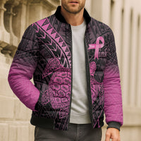 Breast Cancer Awareness Personalised Bomber Puffer Jacket Pink Ribbon Turtle Polynesian Pattern Black LT22 - Polynesian Pride