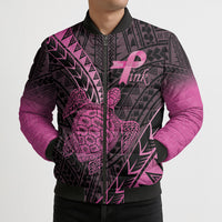 Breast Cancer Awareness Personalised Bomber Puffer Jacket Pink Ribbon Turtle Polynesian Pattern Black LT22 - Polynesian Pride