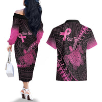 Breast Cancer Awareness Personalised Couples Matching Off The Shoulder Long Sleeve Dress and Hawaiian Shirt Pink Ribbon Turtle Polynesian Pattern Black