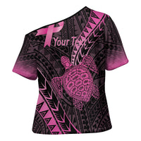 Breast Cancer Awareness Personalised Cross Shoulder Shirt Pink Ribbon Turtle Polynesian Pattern Black LT22 - Polynesian Pride