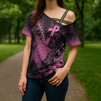Breast Cancer Awareness Personalised Cross Shoulder Shirt Pink Ribbon Turtle Polynesian Pattern Black LT22 - Polynesian Pride