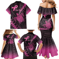 Breast Cancer Awareness Personalised Family Matching Mermaid Dress and Hawaiian Shirt Pink Ribbon Turtle Polynesian Pattern Black