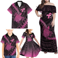 Breast Cancer Awareness Personalised Family Matching Off Shoulder Maxi Dress and Hawaiian Shirt Pink Ribbon Turtle Polynesian Pattern Black
