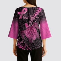 Breast Cancer Awareness Personalised Kimono Sleeve Blouse Pink Ribbon Turtle Polynesian Pattern Black LT22 - Polynesian Pride
