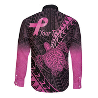 Breast Cancer Awareness Personalised Long Sleeve Button Shirt Pink Ribbon Turtle Polynesian Pattern Black LT22 - Polynesian Pride