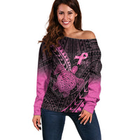 Breast Cancer Awareness Personalised Off Shoulder Sweater Pink Ribbon Turtle Polynesian Pattern Black LT22 Women Pink - Polynesian Pride