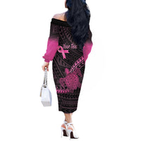 Breast Cancer Awareness Personalised Off The Shoulder Long Sleeve Dress Pink Ribbon Turtle Polynesian Pattern Black LT22 - Polynesian Pride
