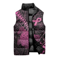 Breast Cancer Awareness Personalised Sleeveless Puffer Jacket Pink Ribbon Turtle Polynesian Pattern Black LT22 - Polynesian Pride