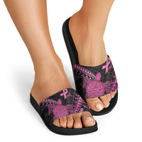 Breast Cancer Awareness Slide Sandals Pink Ribbon Turtle Polynesian Pattern Black LT22 - Polynesian Pride
