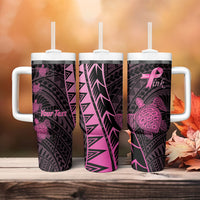 Breast Cancer Awareness Personalised Tumbler With Handle Pink Ribbon Turtle Polynesian Pattern Black LT22 - Polynesian Pride