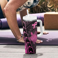 Breast Cancer Awareness Personalised Tumbler With Handle Pink Ribbon Turtle Polynesian Pattern Black LT22 - Polynesian Pride