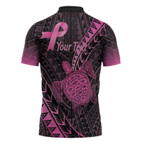Breast Cancer Awareness Personalised Zipper Polo Shirt Pink Ribbon Turtle Polynesian Pattern Black LT22 - Polynesian Pride