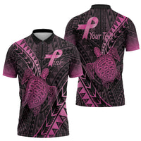 Breast Cancer Awareness Personalised Zipper Polo Shirt Pink Ribbon Turtle Polynesian Pattern Black LT22 - Polynesian Pride