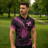 Breast Cancer Awareness Personalised Zipper Polo Shirt Pink Ribbon Turtle Polynesian Pattern Black LT22 - Polynesian Pride