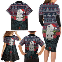 New Zealand Hei Tiki Christmas In July Family Matching Long Sleeve Bodycon Dress and Hawaiian Shirt Pohutukawa Santa Xmas Polynesian Pattern LT22 Mom's Dress Black - Polynesian Pride