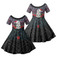 New Zealand Hei Tiki Christmas In July Family Matching Off Shoulder Maxi Dress and Hawaiian Shirt Pohutukawa Santa Xmas Polynesian Pattern LT22 Daughter's Dress Black - Polynesian Pride