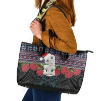 New Zealand Hei Tiki Christmas In July Leather Tote Bag Pohutukawa Santa Xmas Polynesian Pattern