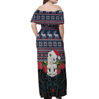 New Zealand Hei Tiki Christmas In July Off Shoulder Maxi Dress Pohutukawa Santa Xmas Polynesian Pattern