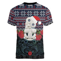 New Zealand Hei Tiki Christmas In July Women V-Neck T-Shirt Pohutukawa Santa Xmas Polynesian Pattern