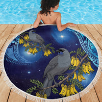New Zealand Kokako Bird Beach Blanket Kowhai Galaxy Style Polynesian Pattern