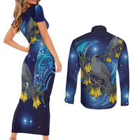 New Zealand Kokako Bird Couples Matching Short Sleeve Bodycon Dress and Long Sleeve Button Shirt Kowhai Galaxy Style Polynesian Pattern