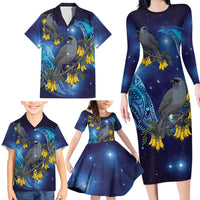 New Zealand Kokako Bird Family Matching Long Sleeve Bodycon Dress and Hawaiian Shirt Kowhai Galaxy Style Polynesian Pattern