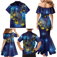 New Zealand Kokako Bird Family Matching Mermaid Dress and Hawaiian Shirt Kowhai Galaxy Style Polynesian Pattern
