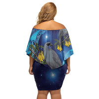 New Zealand Kokako Bird Family Matching Off Shoulder Short Dress and Hawaiian Shirt Kowhai Galaxy Style Polynesian Pattern