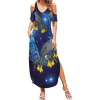 New Zealand Kokako Bird Family Matching Summer Maxi Dress and Hawaiian Shirt Kowhai Galaxy Style Polynesian Pattern