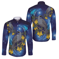 New Zealand Kokako Bird Family Matching Tank Maxi Dress and Hawaiian Shirt Kowhai Galaxy Style Polynesian Pattern LT22 Dad's Shirt - Long Sleeve Blue - Polynesian Pride