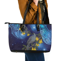 New Zealand Kokako Bird Leather Tote Bag Kowhai Galaxy Style Polynesian Pattern