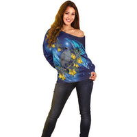 New Zealand Kokako Bird Off Shoulder Sweater Kowhai Galaxy Style Polynesian Pattern
