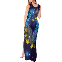 New Zealand Kokako Bird Tank Maxi Dress Kowhai Galaxy Style Polynesian Pattern
